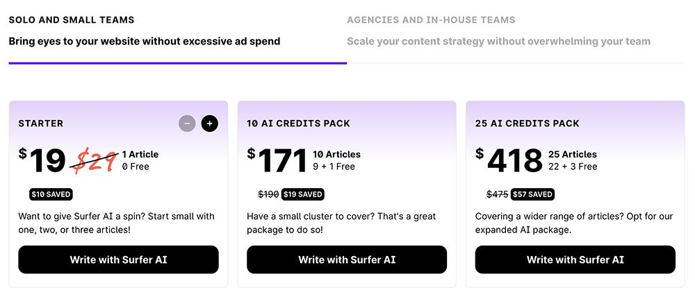 Surfer AI Pricing Table Surfer AI Pricing Table